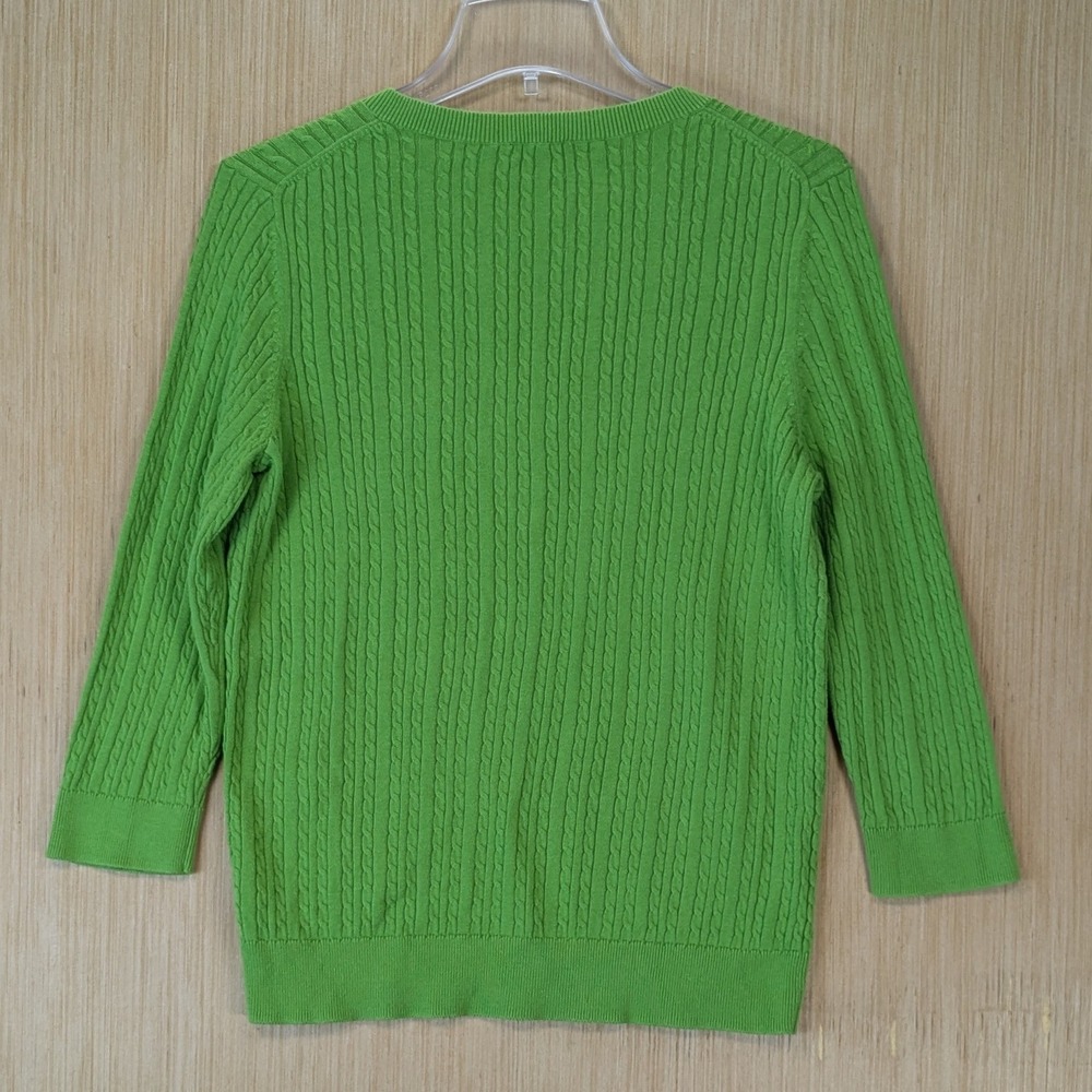 Talbots Preppy Green‎ Cable Knit V-Neck Cotton Sweater Womens Medium 3/4 Sleeve - Picture 3 of 7